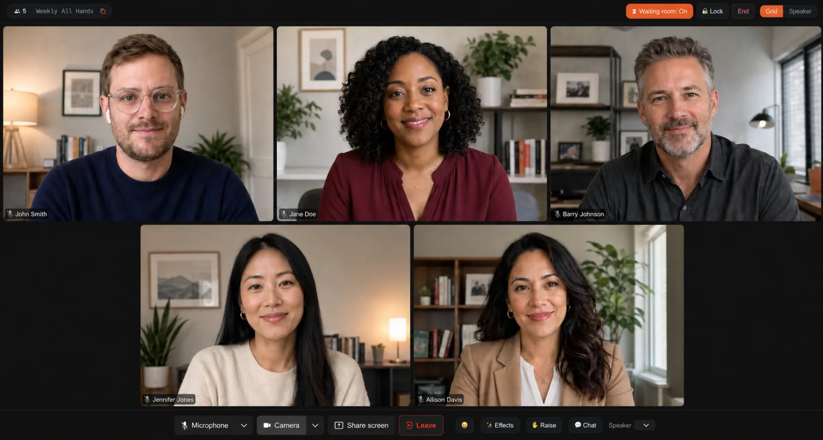 Hearth gallery view: a five-person video meeting in a grid, each participant with background blur, host controls along the top and a call toolbar below.